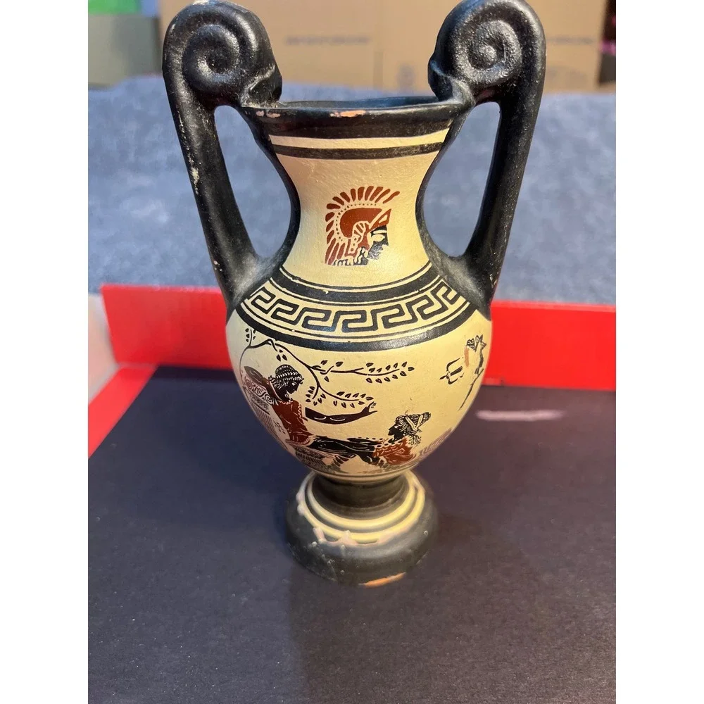 Vintage Handmade Greek Pottery Amphora Vase Black Figure Style Made in Greece